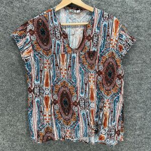 Jules Blouse Women L Large Blue Geometric V-Neck Short Sleeve Pullover Casual